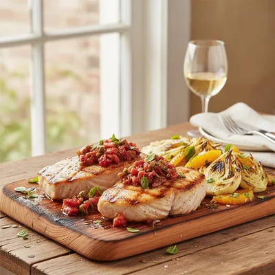 Cedar-Plank Grilled Swordfish Steaks with Warm Olive-Tomato Tapenade and Charred Fennel-Orange Salad