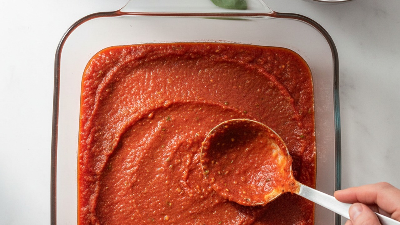 Prepare baking dish with sauce