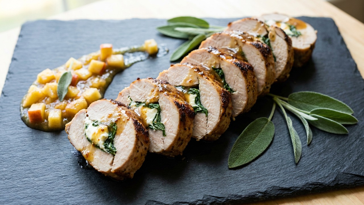 Grilled Stuffed Pork Tenderloin with Apple‑Sage Chutney and Mustard‑Maple Glaze
