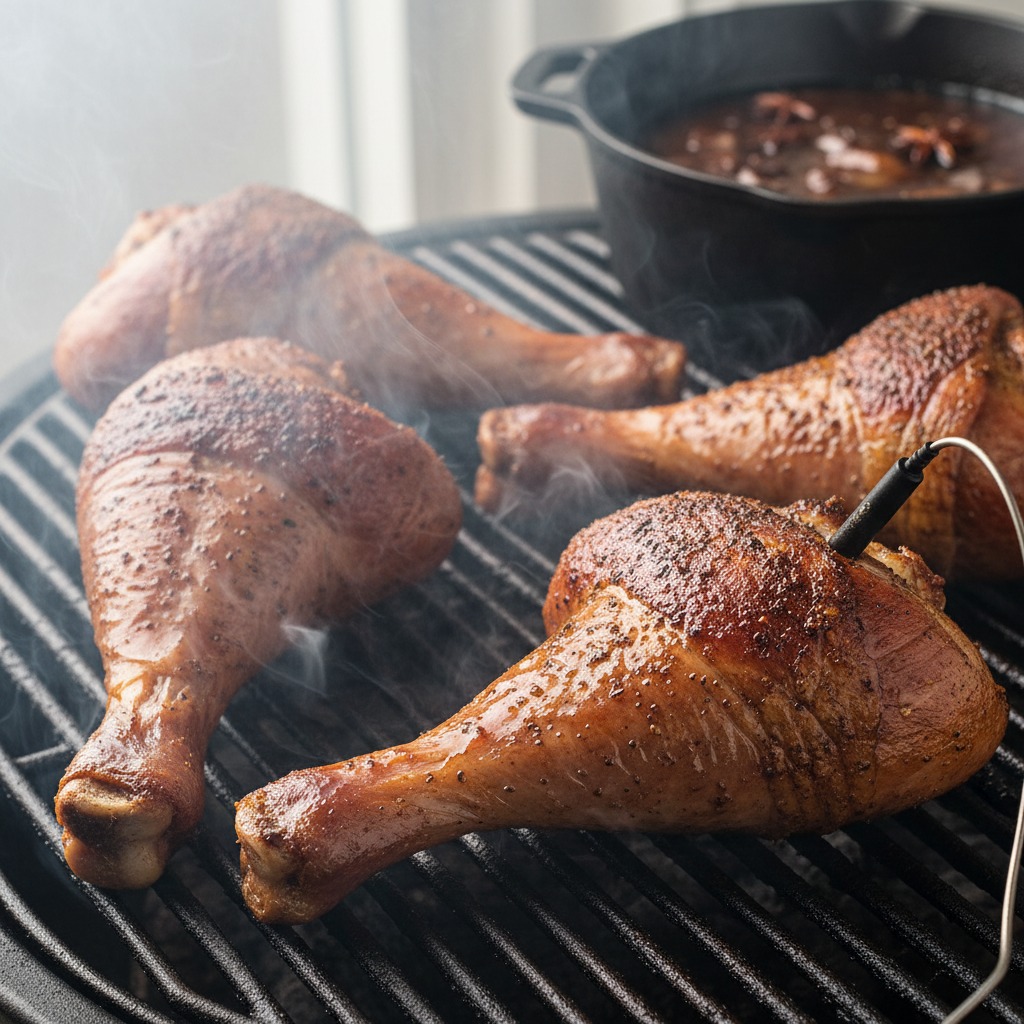 Smoke the turkey legs low and slow