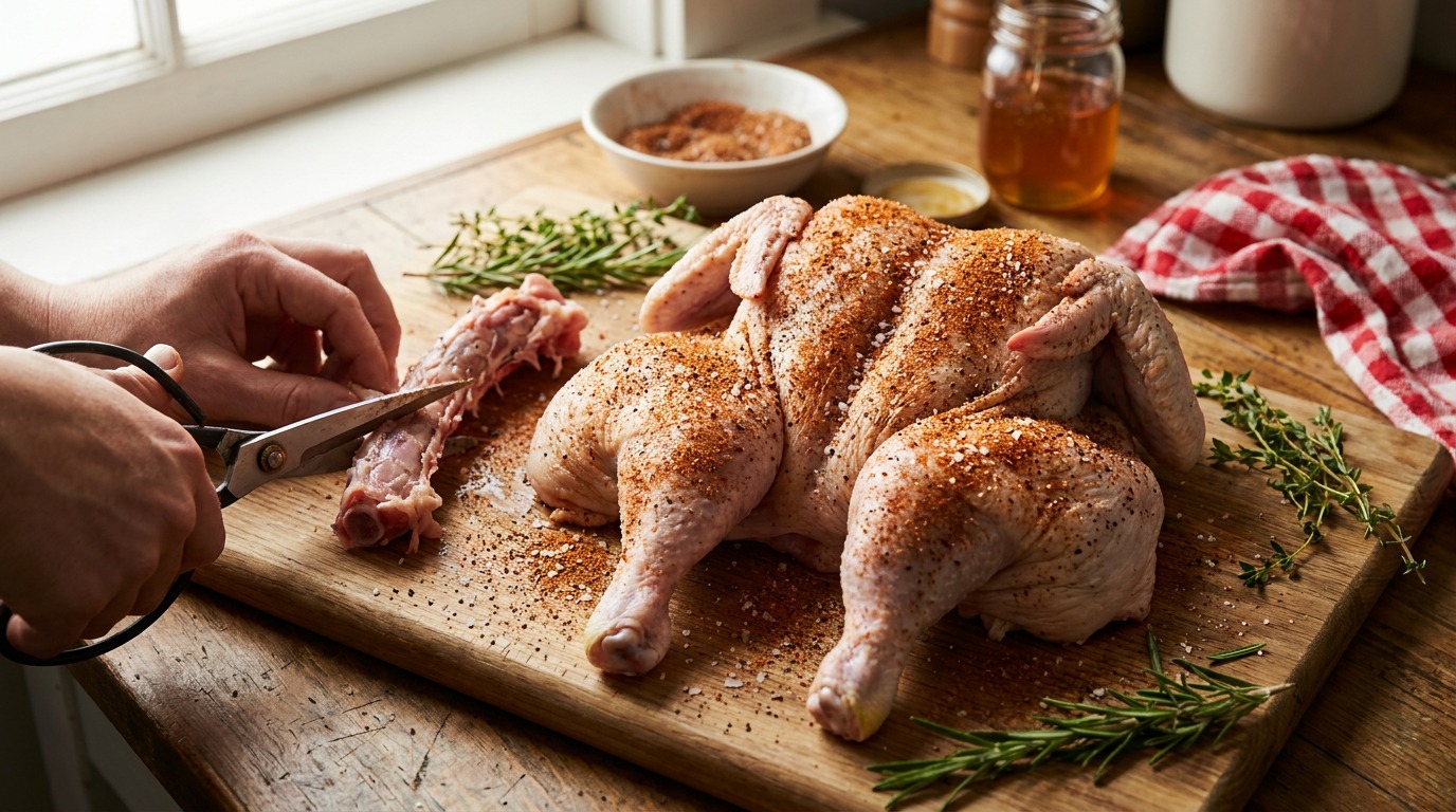 Spatchcock and season the chicken