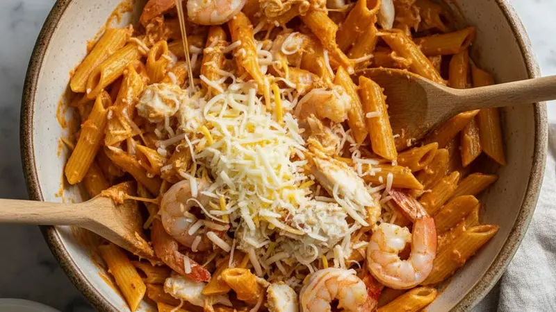 Combine pasta, seafood and cheese