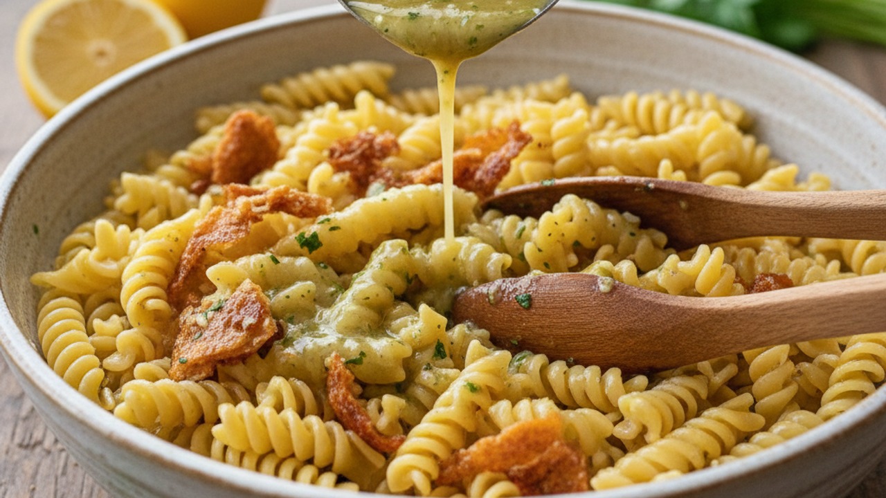 Coat pasta with dressing