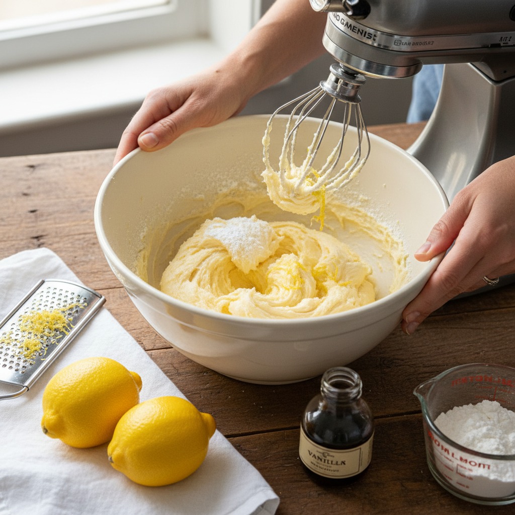 Cream butter with powdered sugar, zest, and vanilla