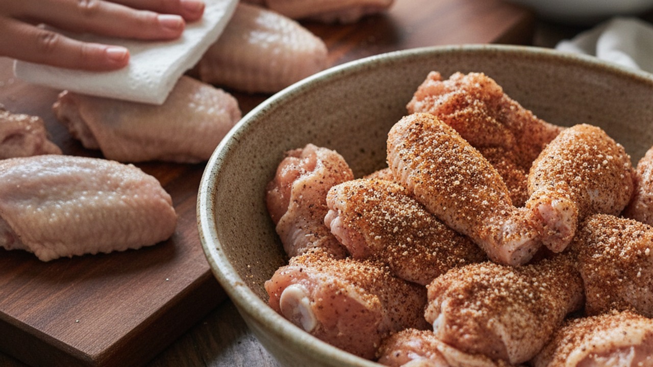 Dry, season and coat the wings