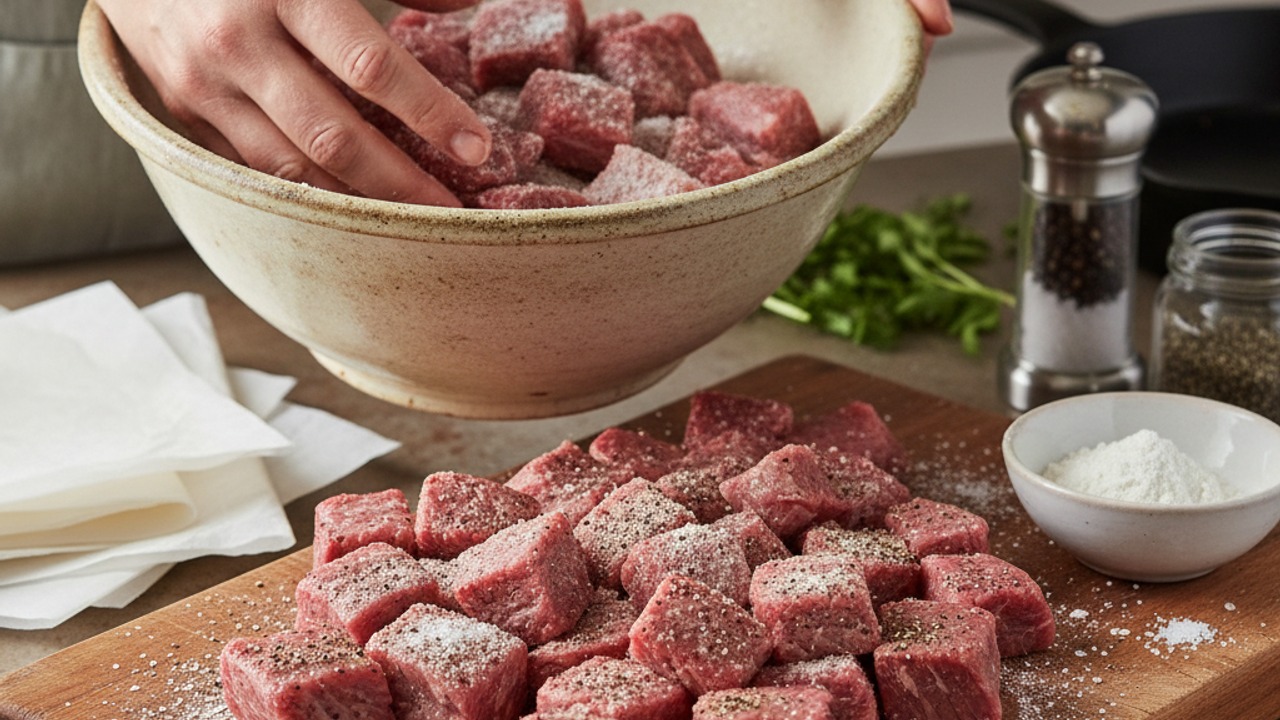 Season and dredge the beef