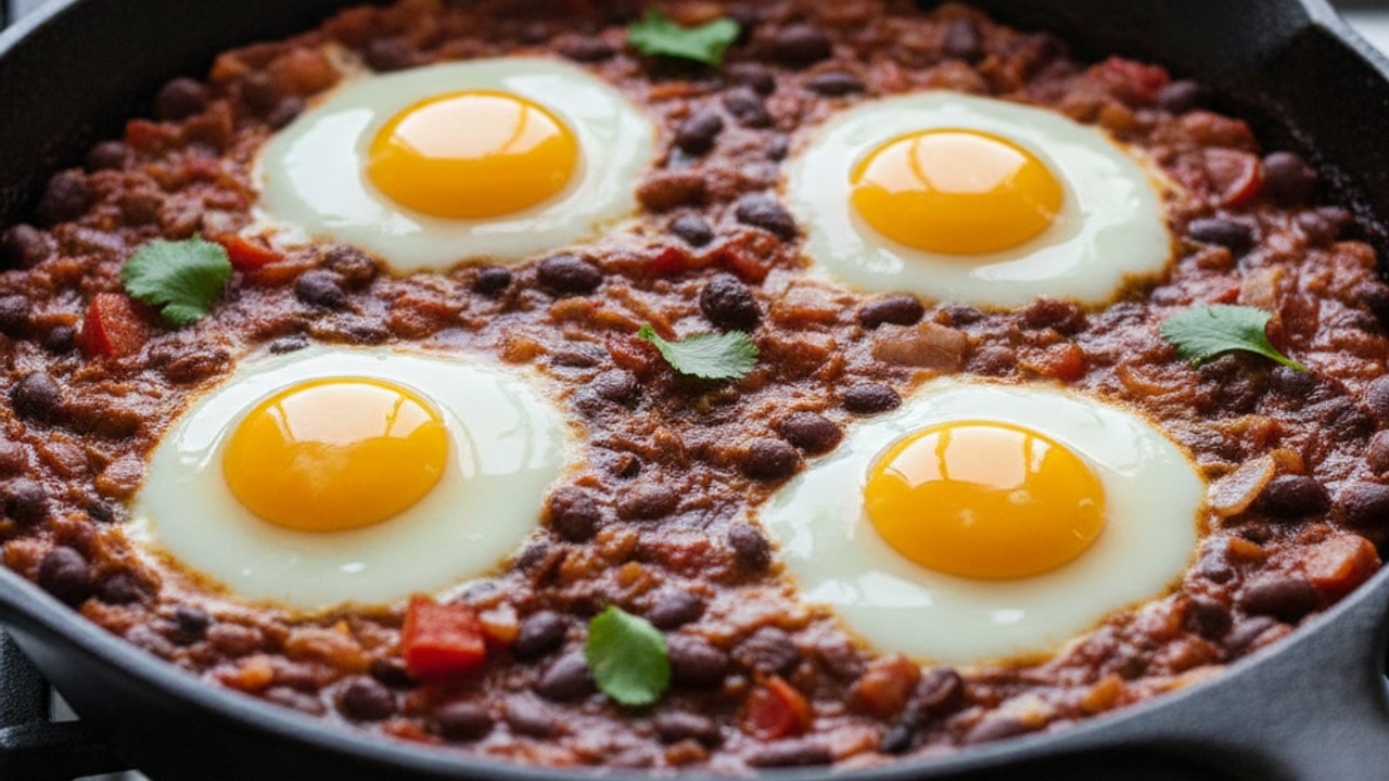 Cook the eggs in the beans