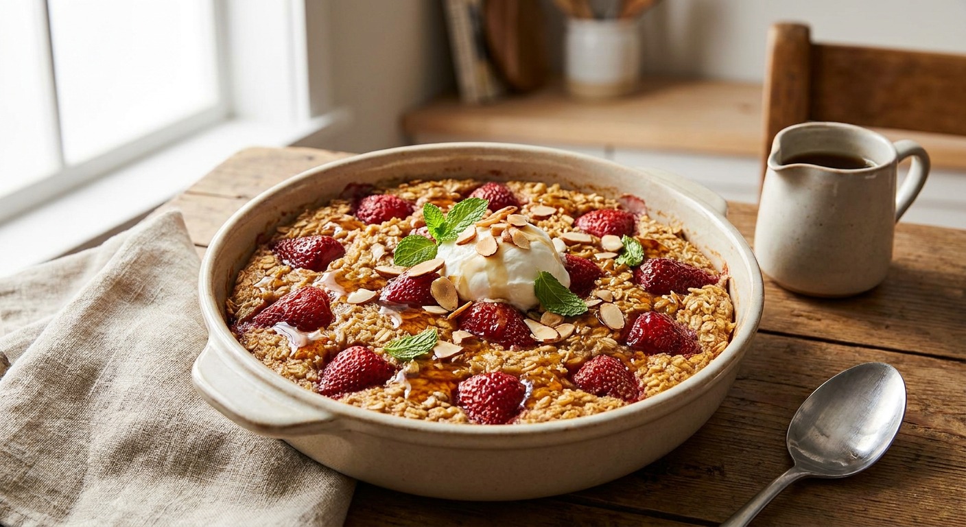 Strawberry Baked Oatmeal with Maple Drizzle