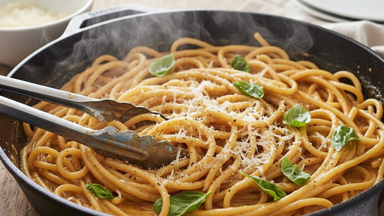 Toss pasta with sauce and finish