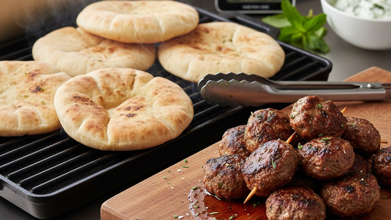 Warm pitas and rest the meat