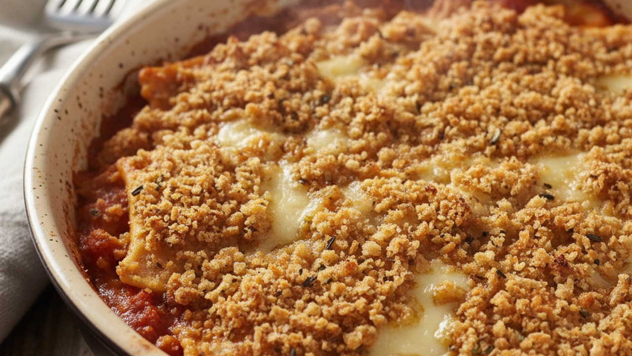 Add breadcrumb topping and bake