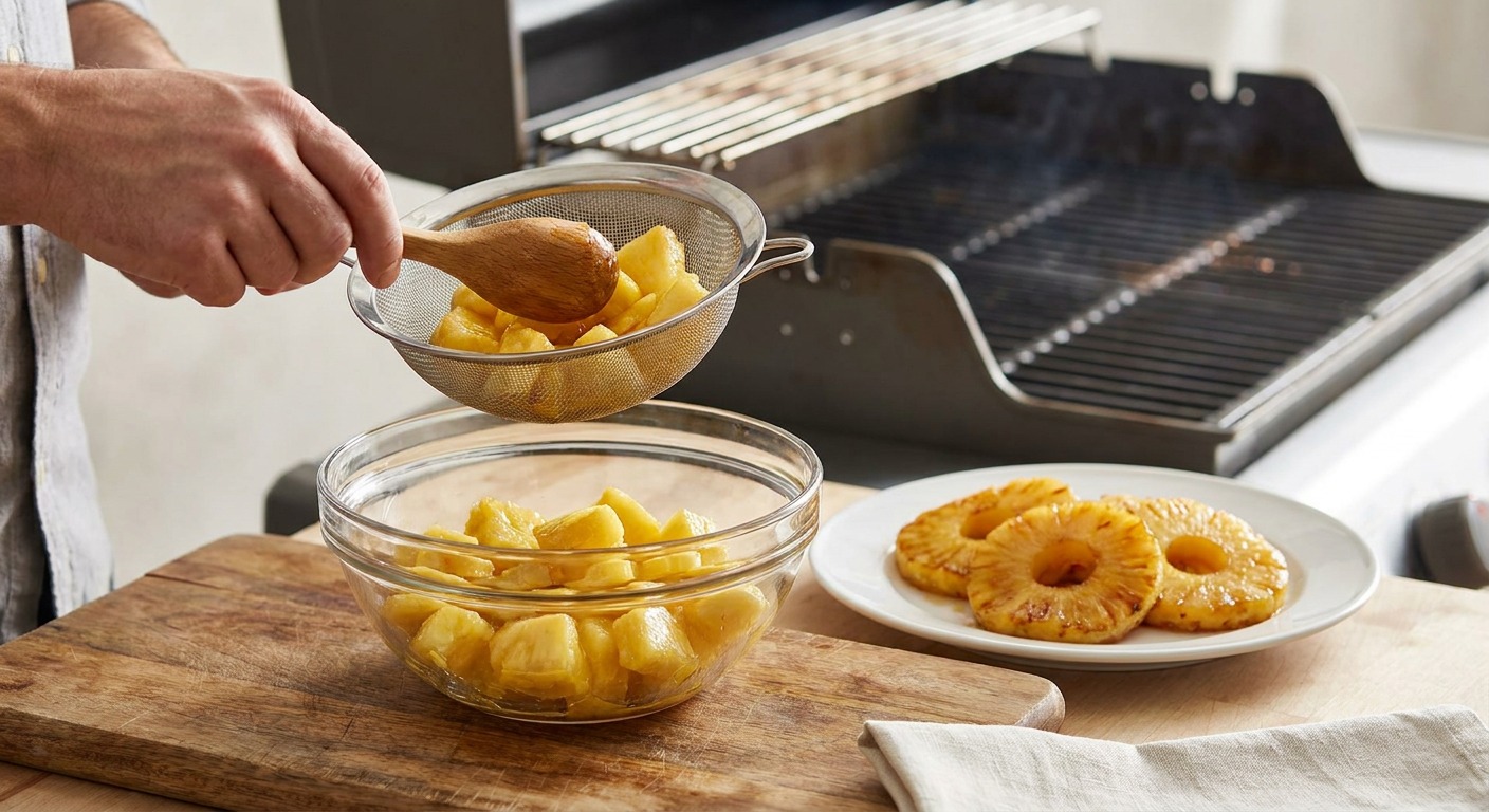 Prep grill, cut pineapple for syrup and garnish