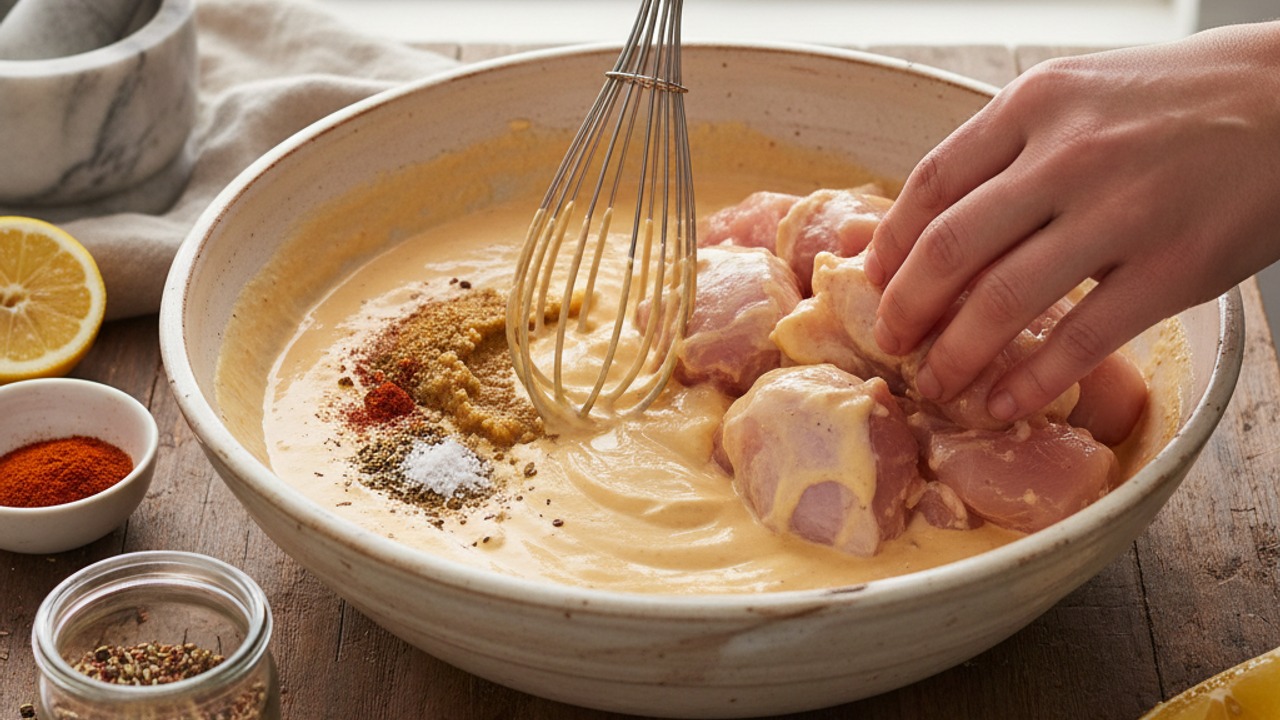 Mix the marinade and coat the chicken