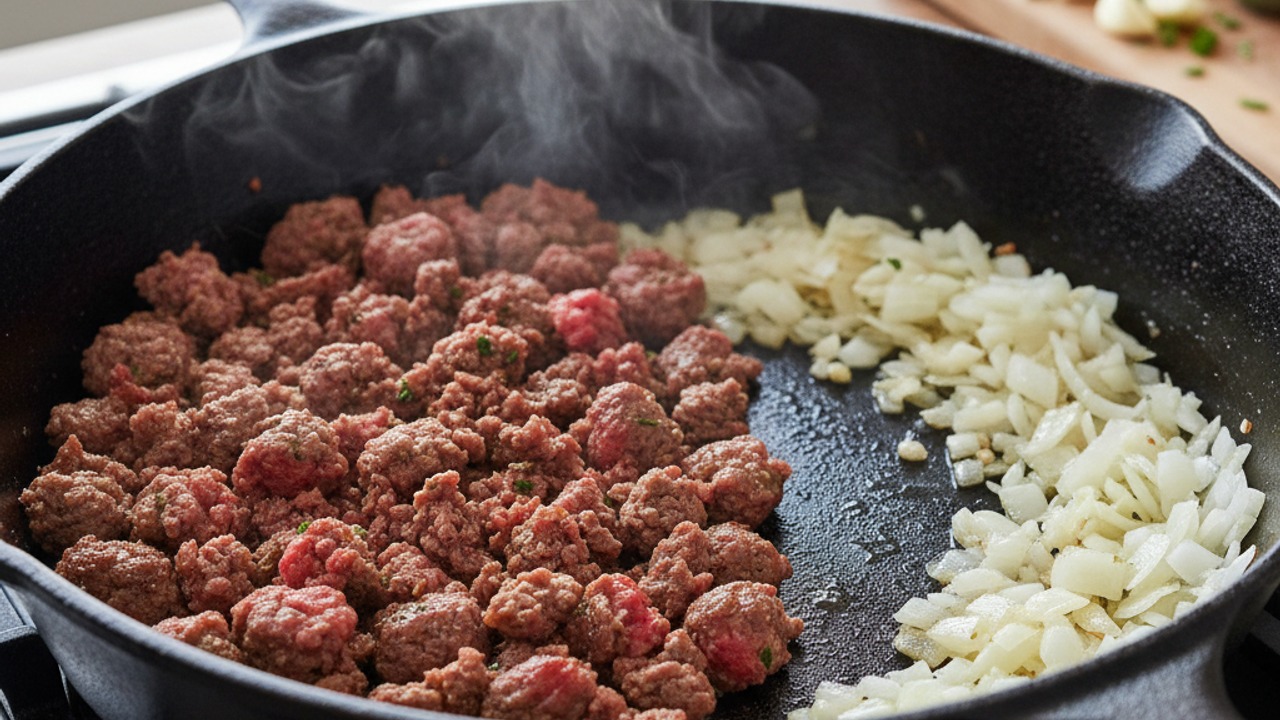 Brown the beef and sauté aromatics