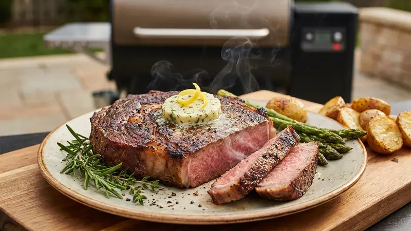 Reverse‑Sear Ribeye on a Pellet Grill with Garlic Herb Butter
