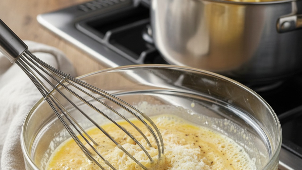 Make the egg-parmesan emulsion