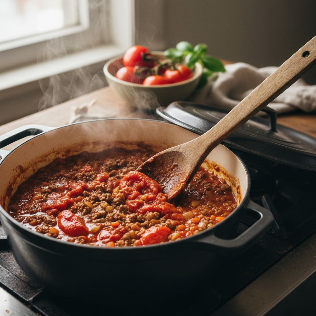 Add tomatoes and slow-simmer the ragu