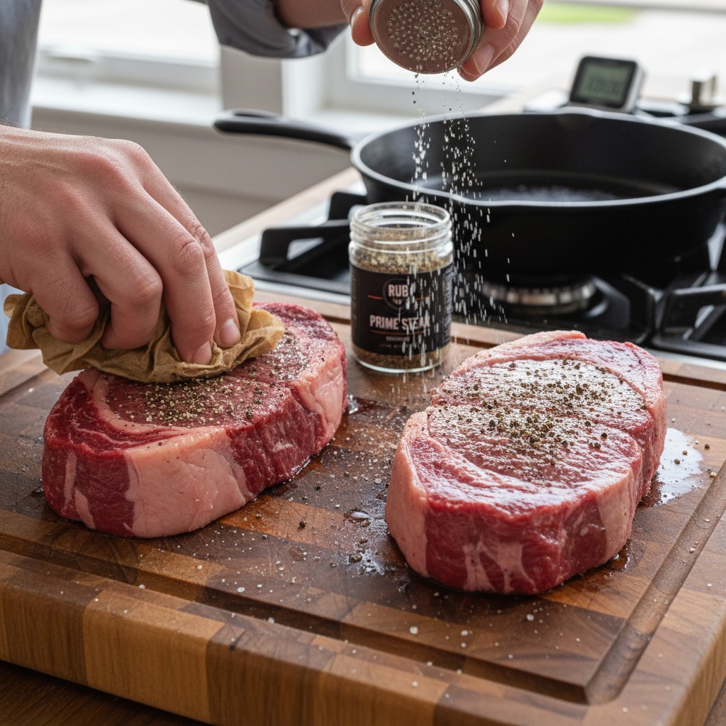 Season and bring steaks to room temperature