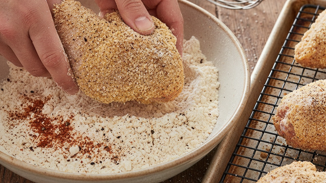 Make the seasoned dredge and coat