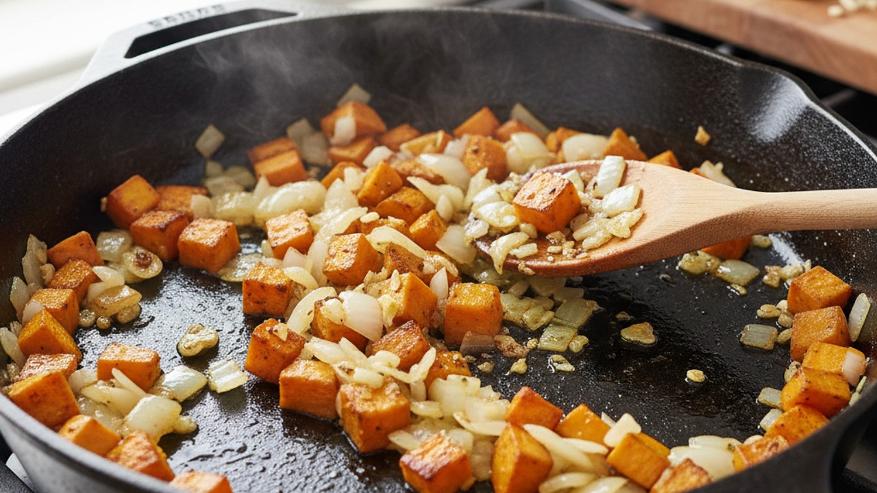 Sauté the aromatics and sweet potato