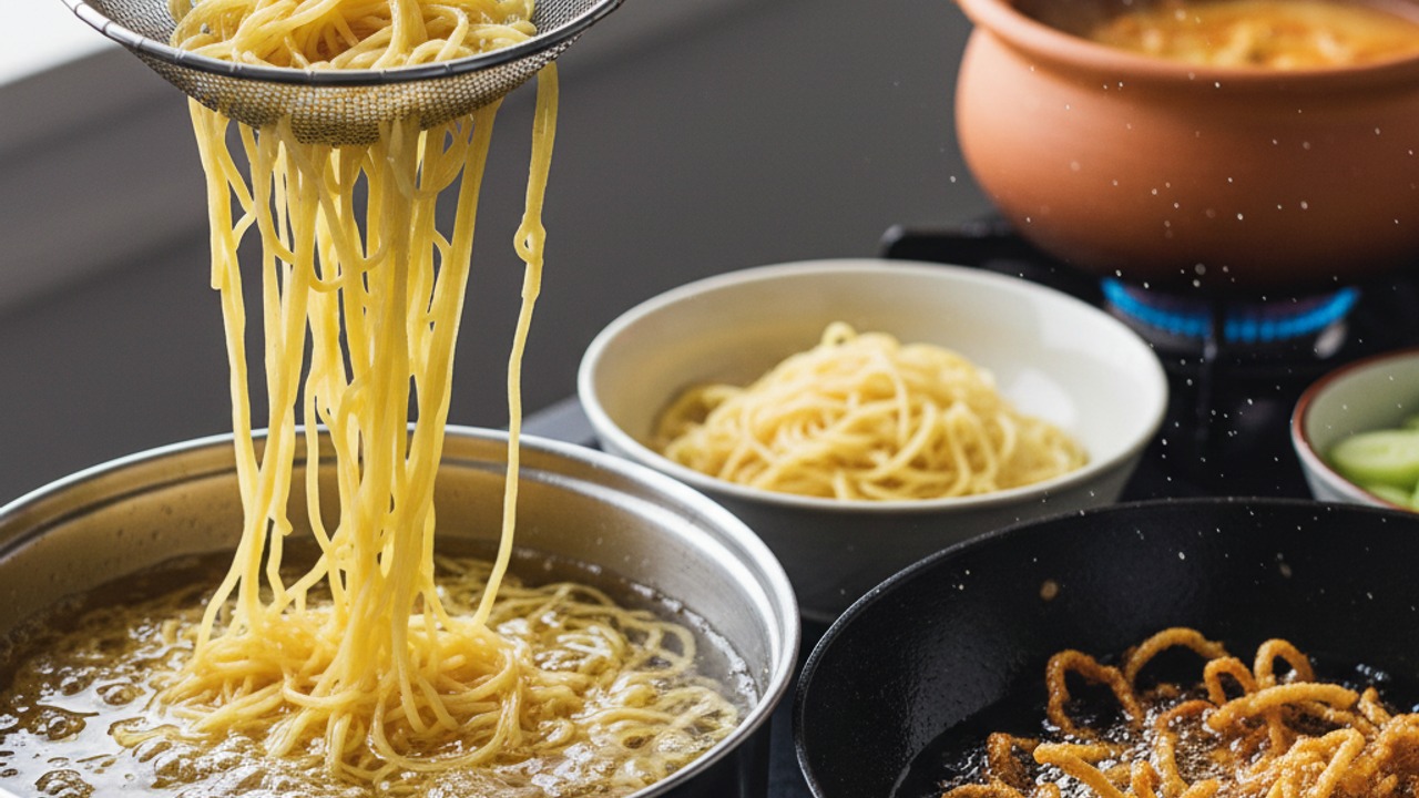 Cook and crisp the noodles