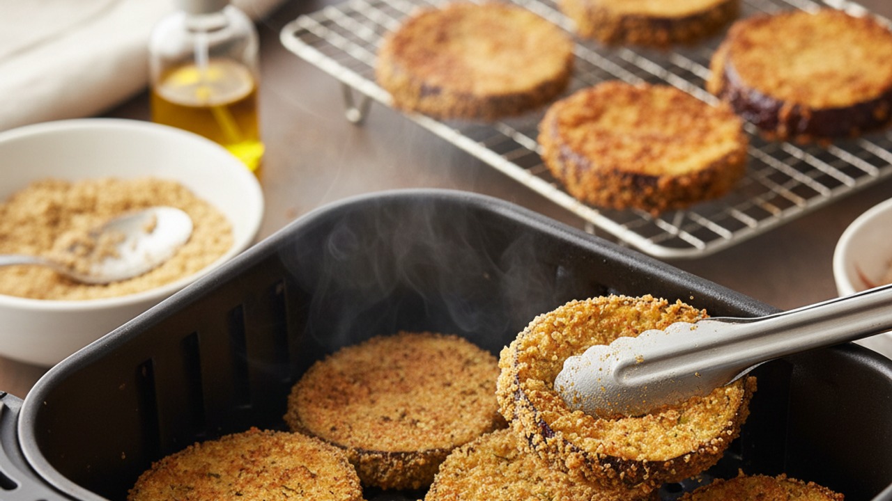Air-fry the eggplant until crisp