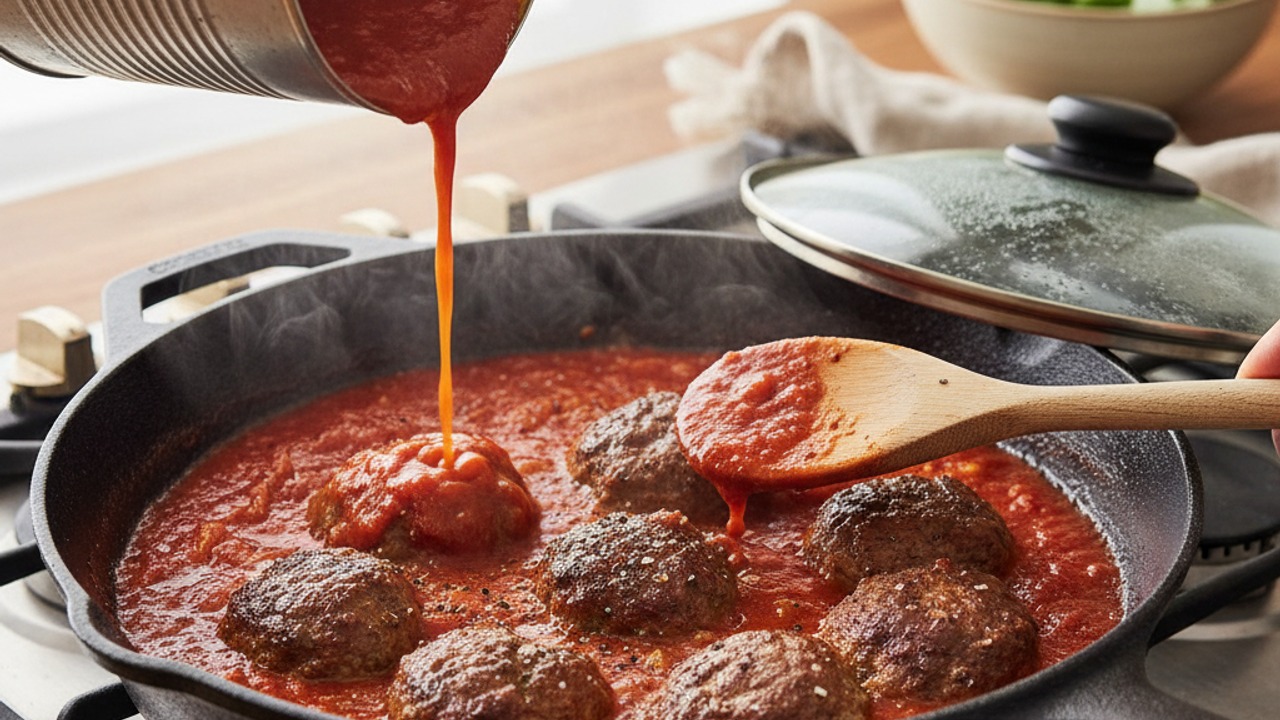 Build and simmer the sauce with meatballs
