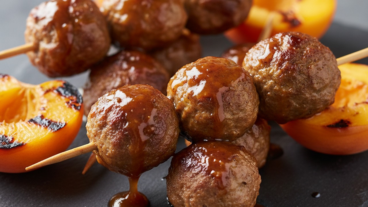 Grilled Mini Meatball Skewers with Smoky Peach‑Bourbon BBQ Glaze