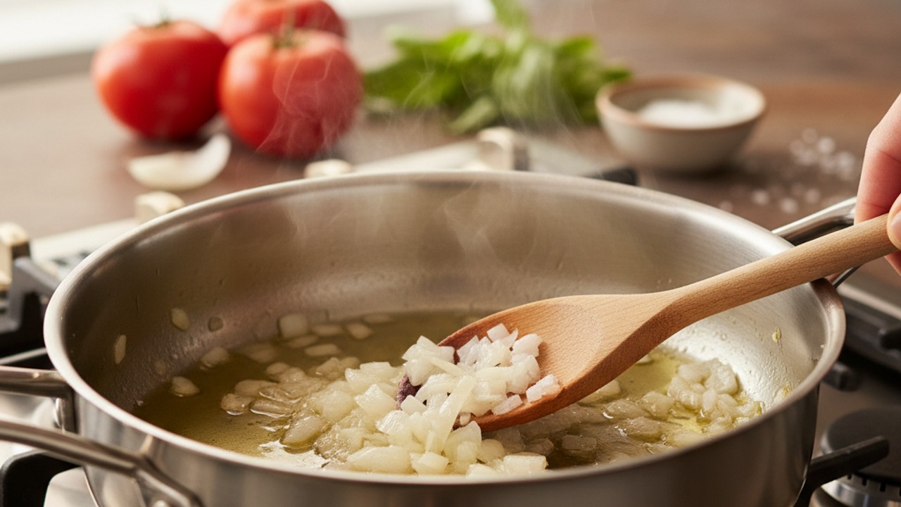 Warm the oil and soften the onion