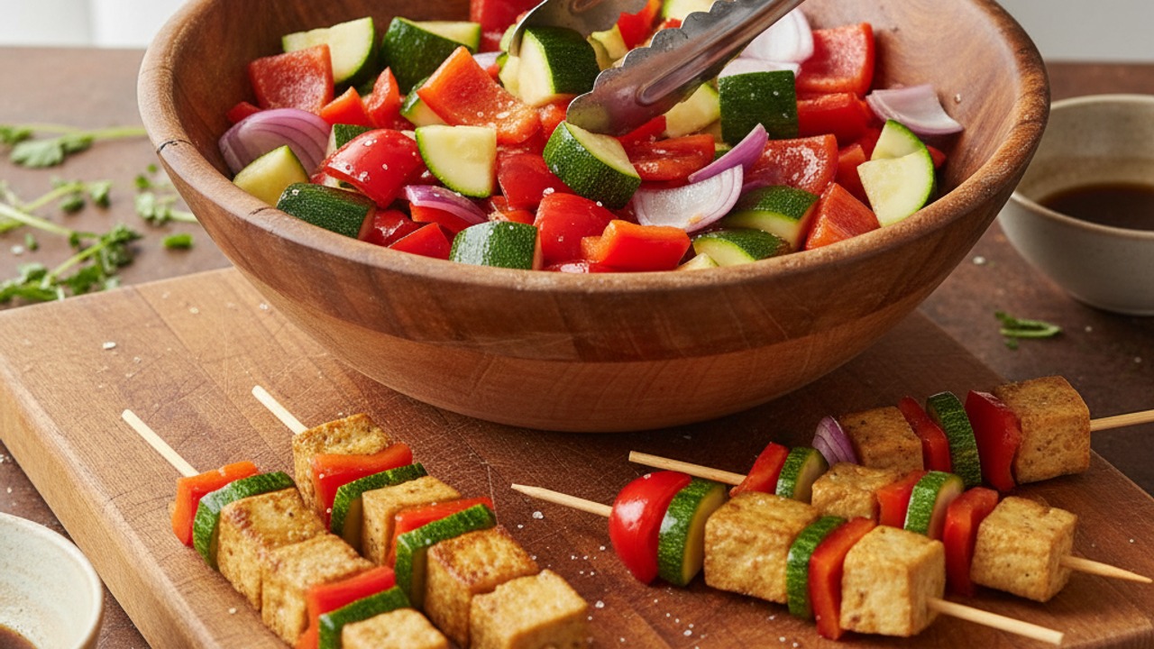 Cut vegetables and assemble skewers