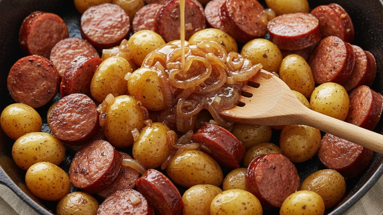 Toss potatoes, bratwurst and dressing