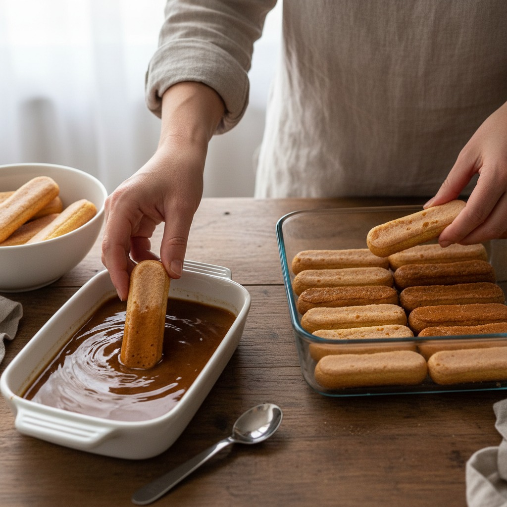 Dip ladyfingers in coffee