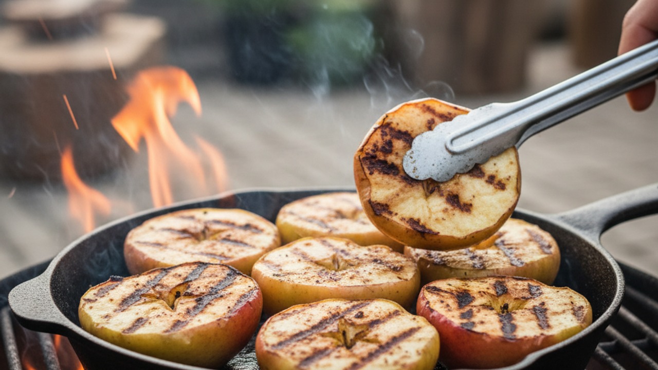 Char the apples on direct heat