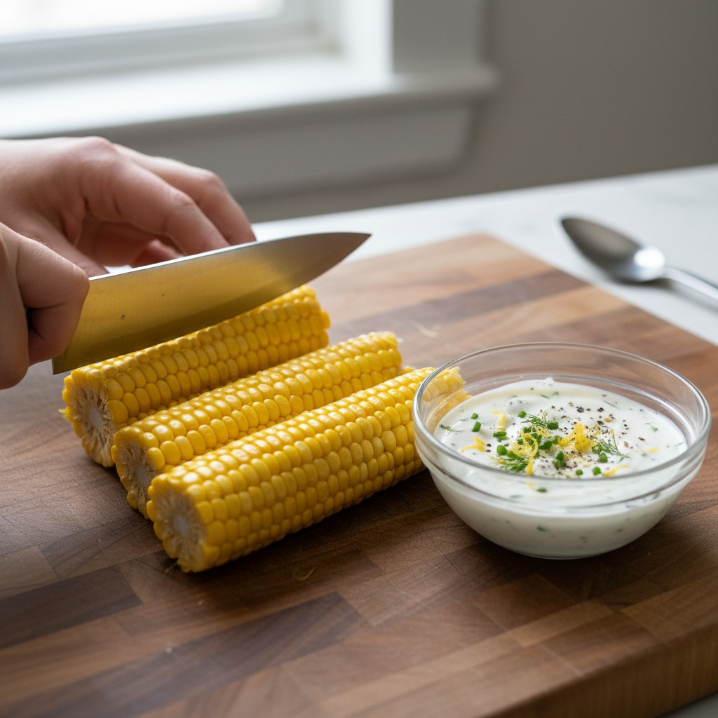 Prep the corn and make the yogurt herb sauce