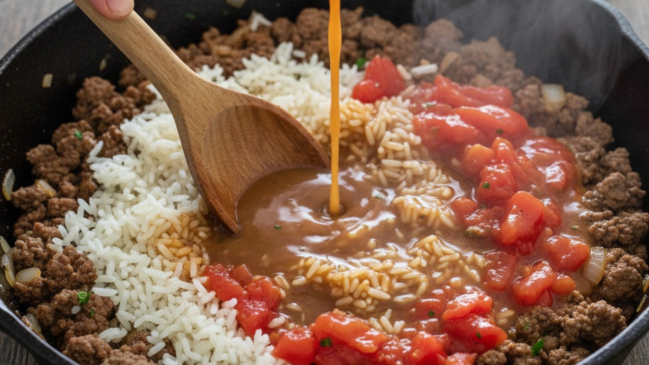Add rice, tomatoes and broth