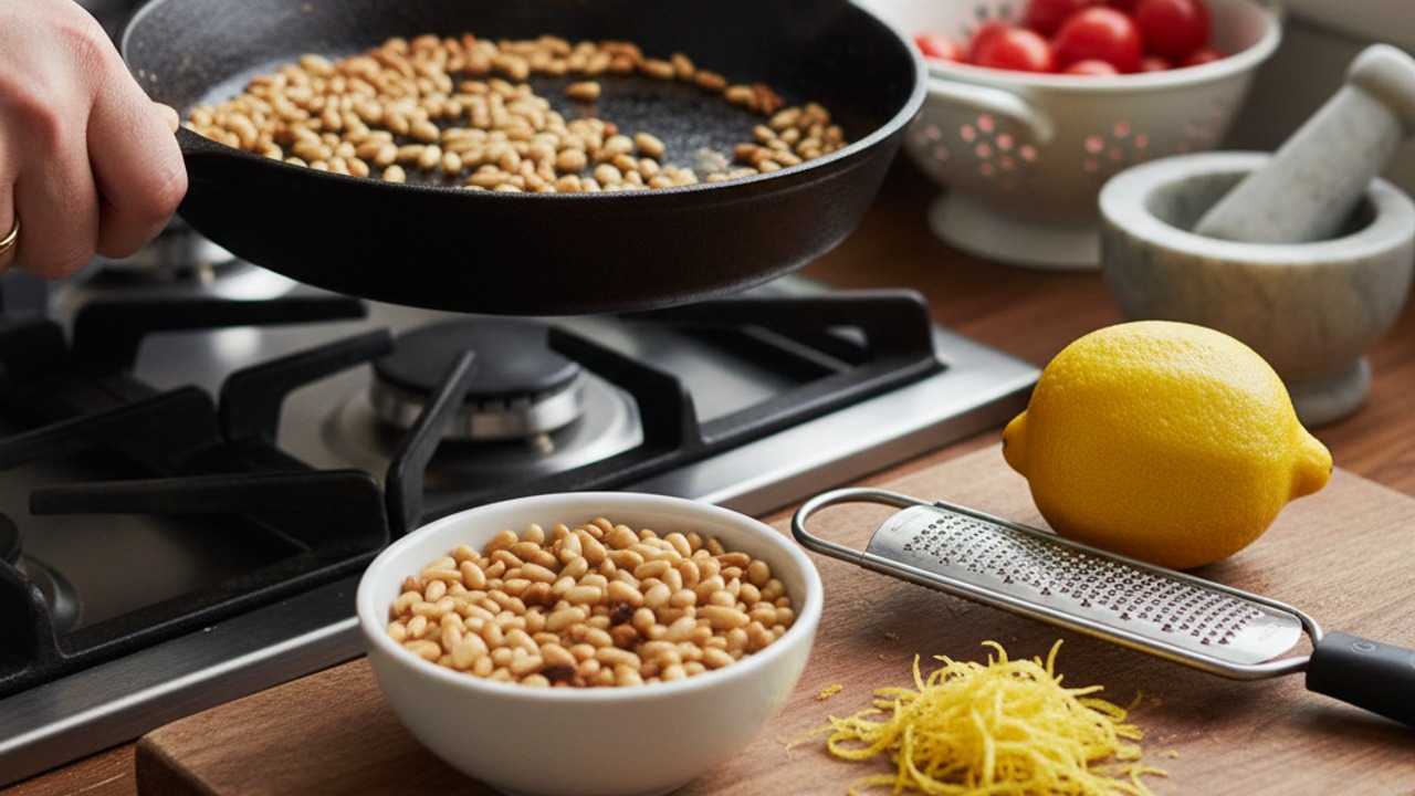 Toast pine nuts and zest the lemon