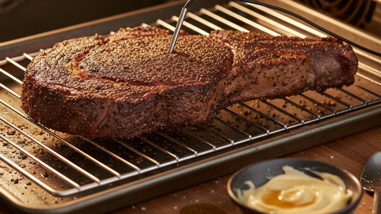 Reverse‑sear: oven or indirect grill to target temp