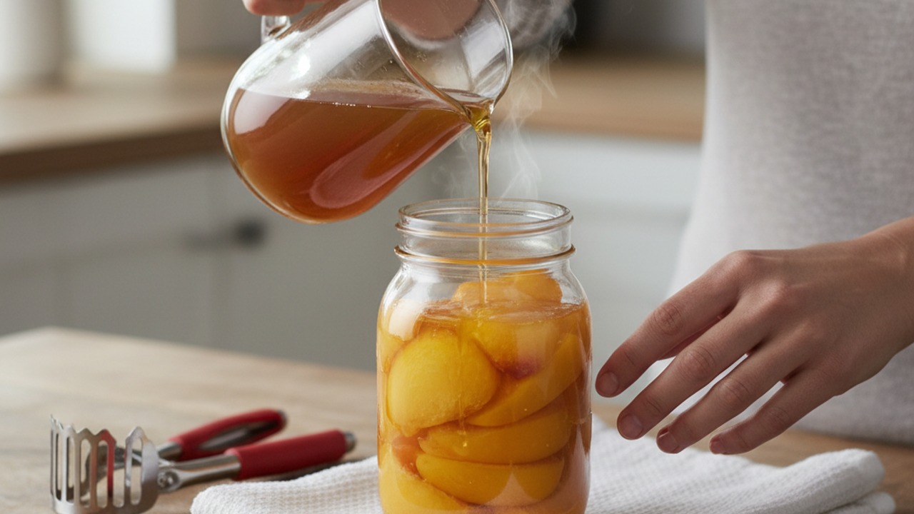 Pack jars with peaches and hot syrup (hot-pack method)