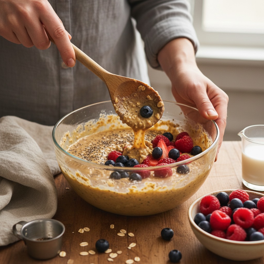 Combine batter and fold in berries