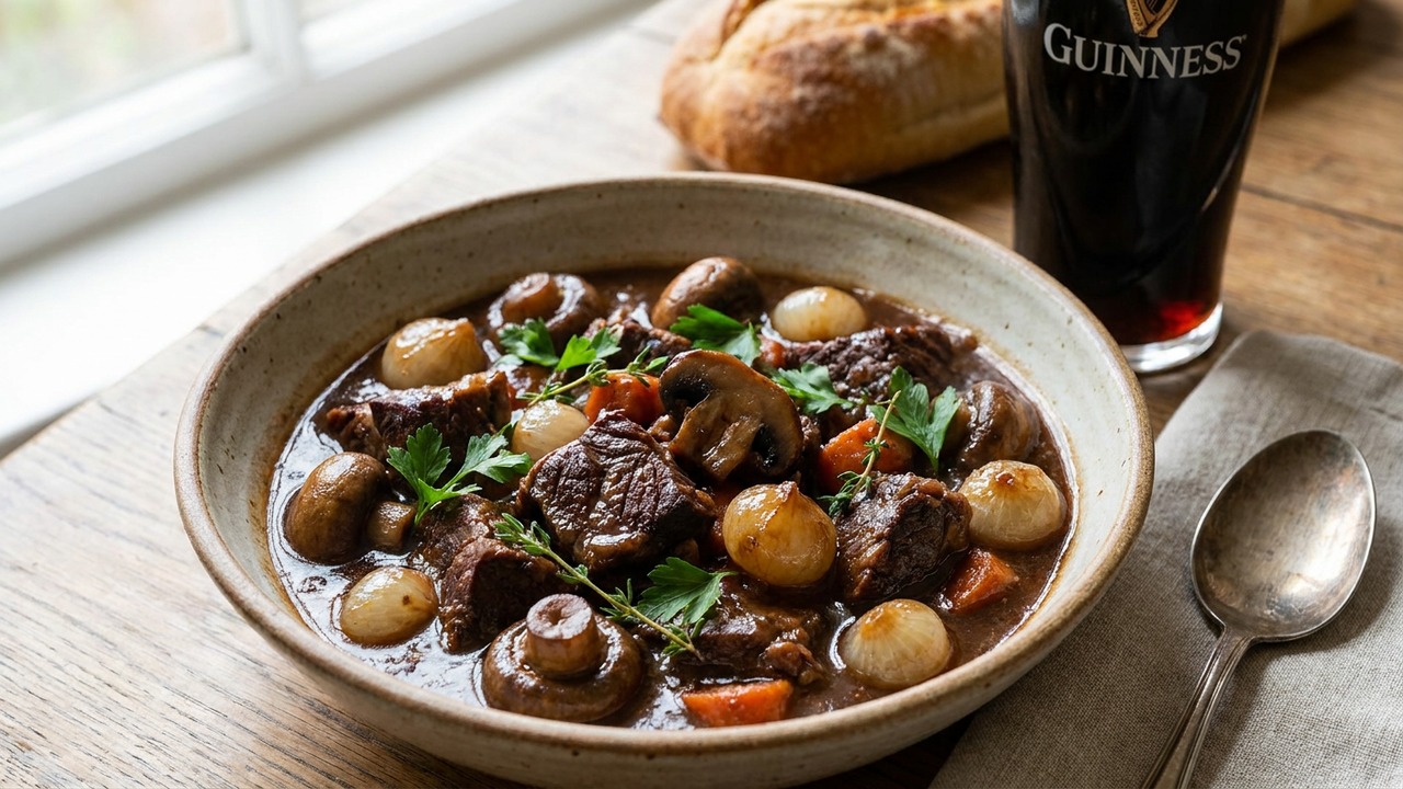 Guinness Beef Stew with Mushrooms and Pearl Onions