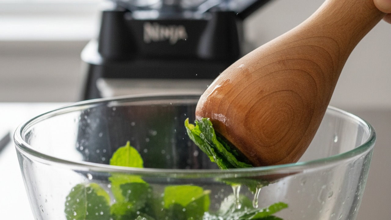 Bruise the mint with simple syrup
