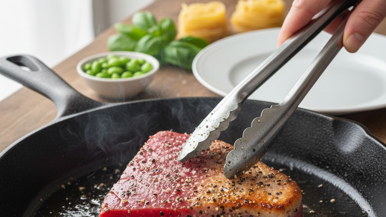 Season and sear the tuna