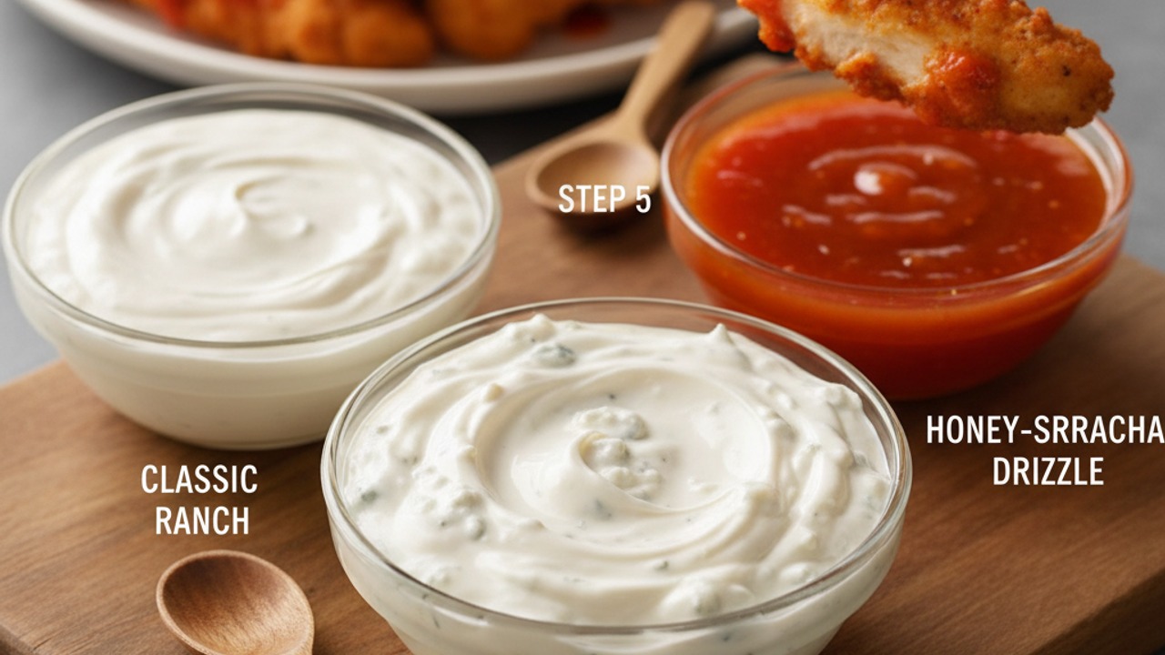 Prepare the blue cheese, ranch and honey-sriracha trio