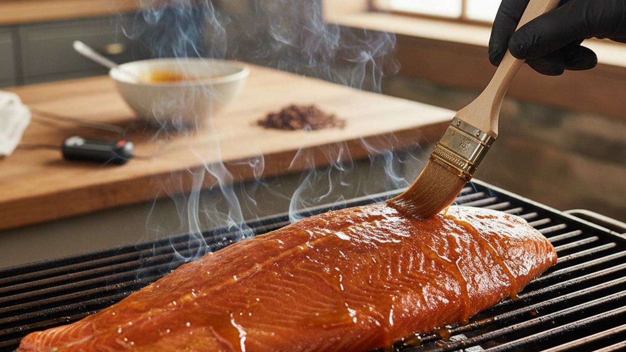 Smoke the salmon and apply glaze