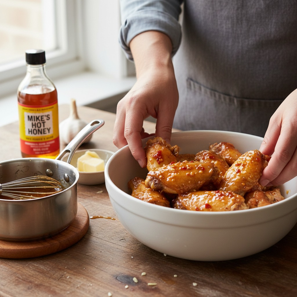 Warm and combine Mike's Hot Honey, then glaze wings