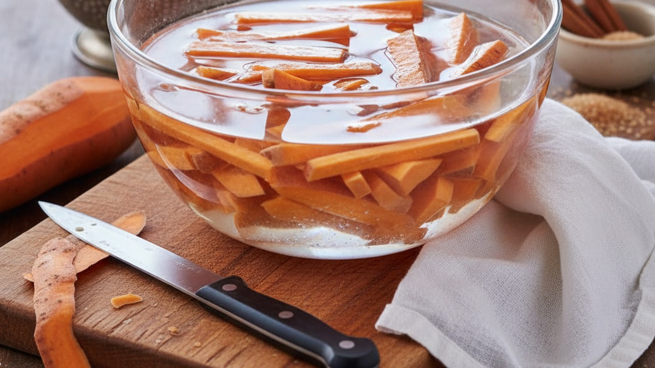 Slice and soak the sweet potatoes