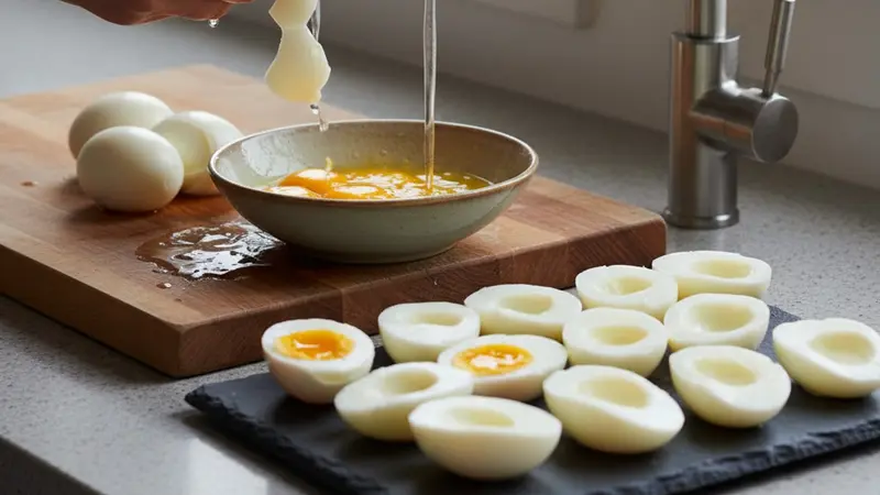 Peel and halve eggs
