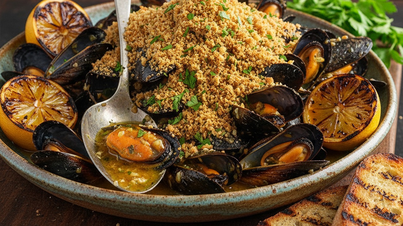 Plate, top with breadcrumbs and serve