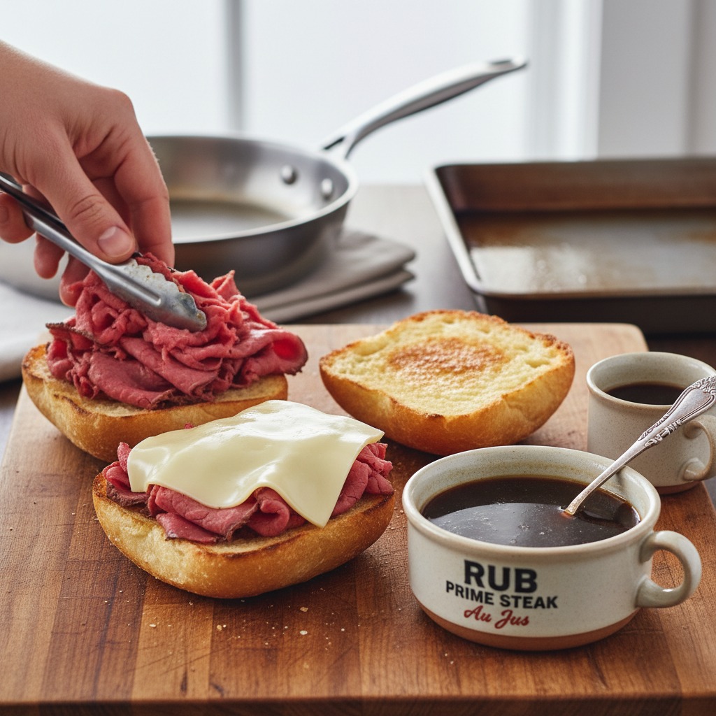 Toast, assemble and serve with au jus
