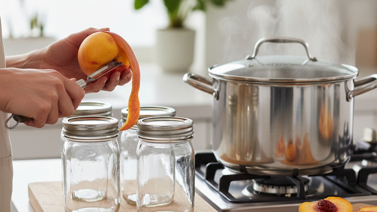 Prepare jars and peaches (peel & prevent browning)